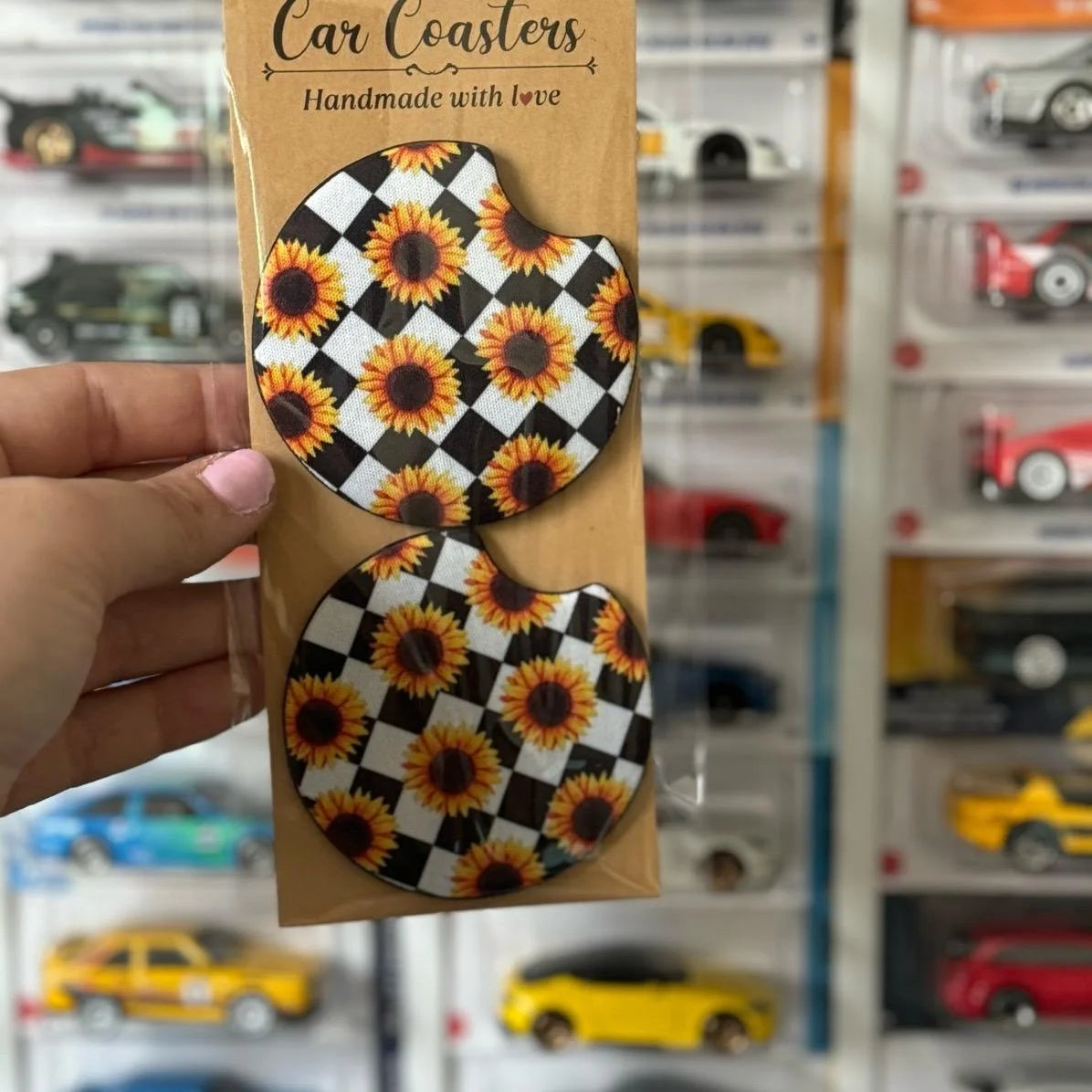 Sunflower Checkered Print Car Coaster